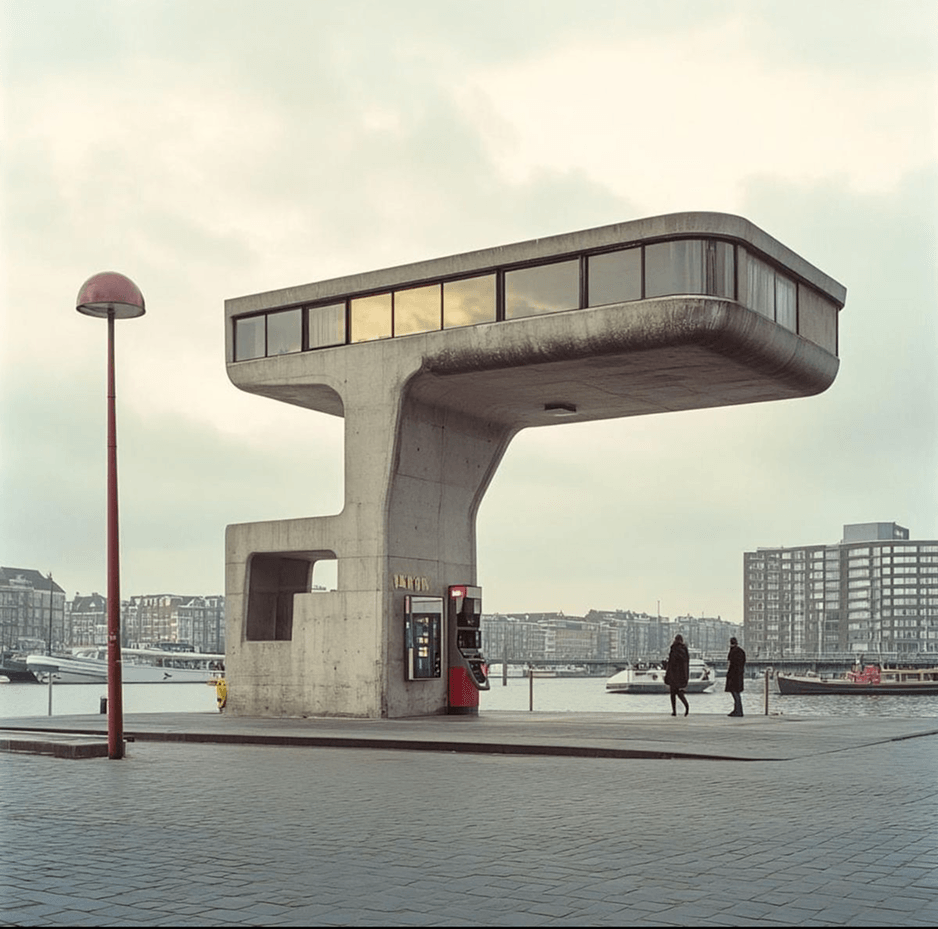 A sculptural concrete building beside a harbour