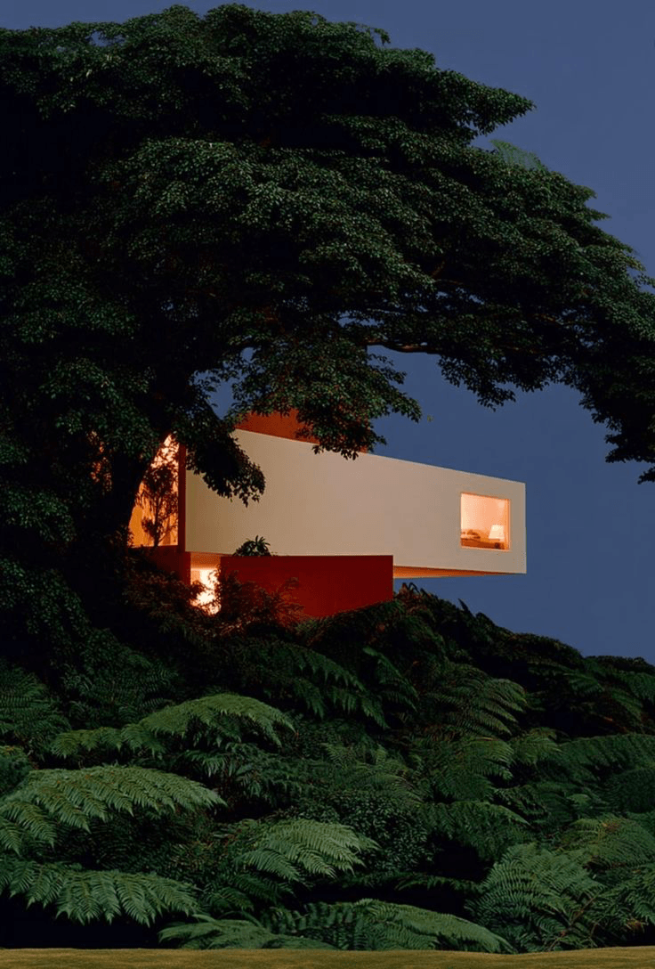 A modern house surrounded by dense vegetation