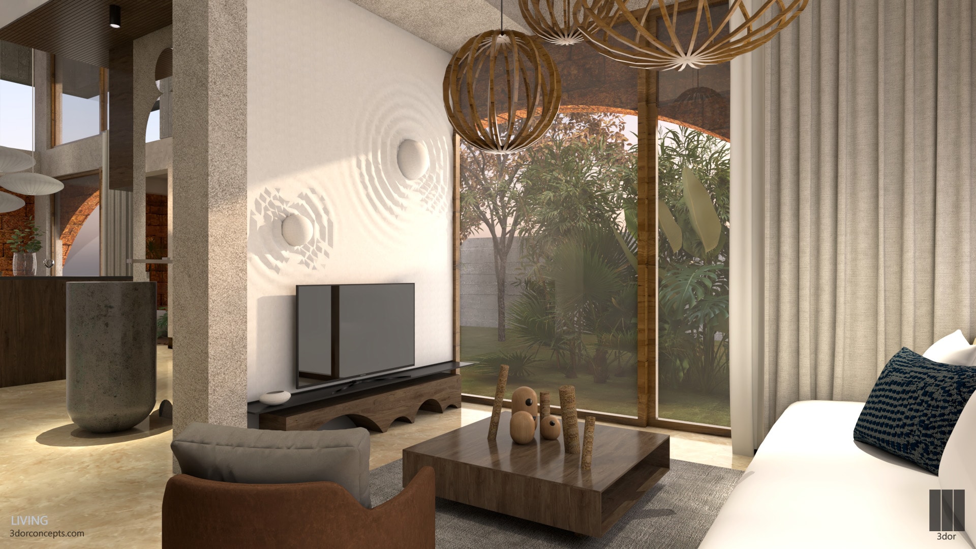 A warm contemporary living room overlooking a garden