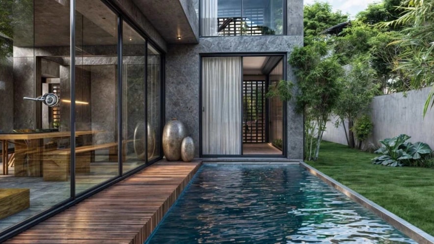 Architecture image with pool and garden