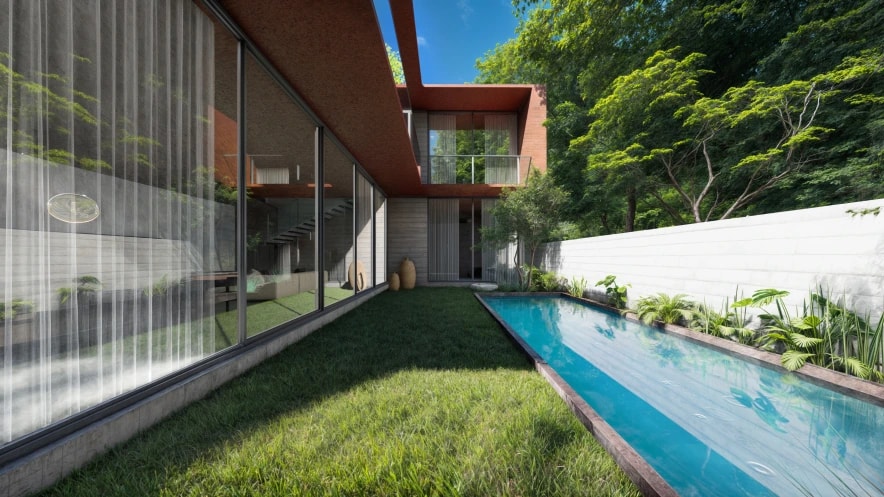Villa pool and green boundary wall